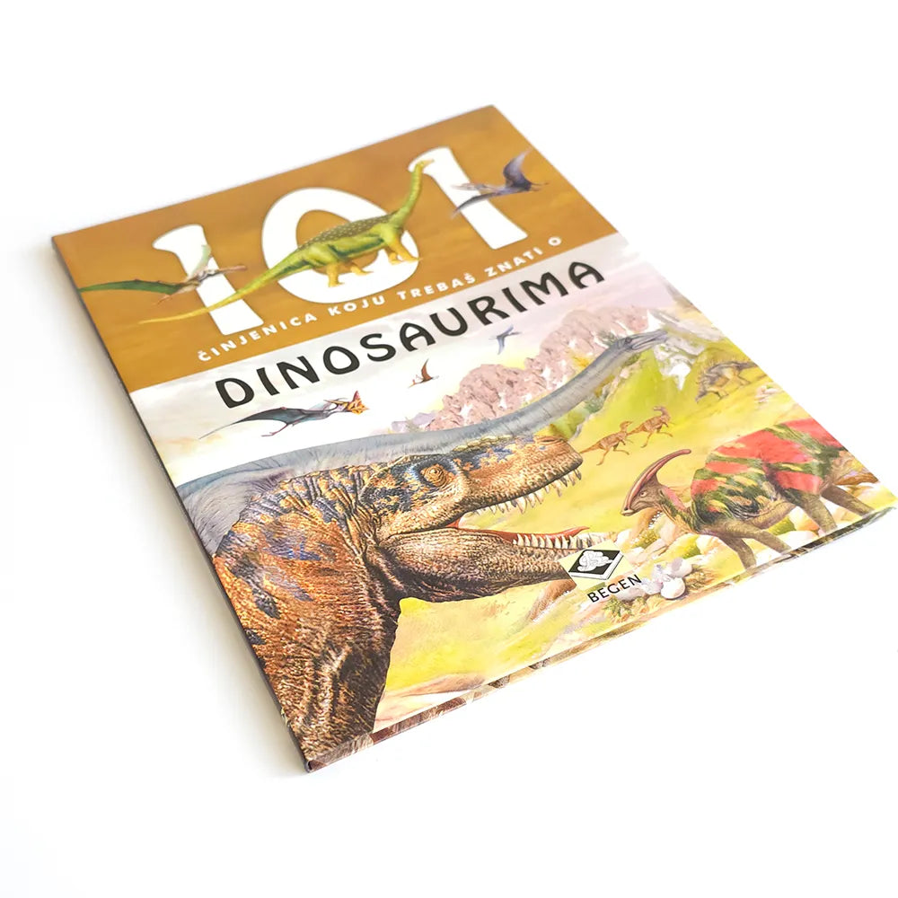 101 Činjenica Koju Treba da Znaš o Dinosaurima Book cover with dinosaur illustrations on a white background