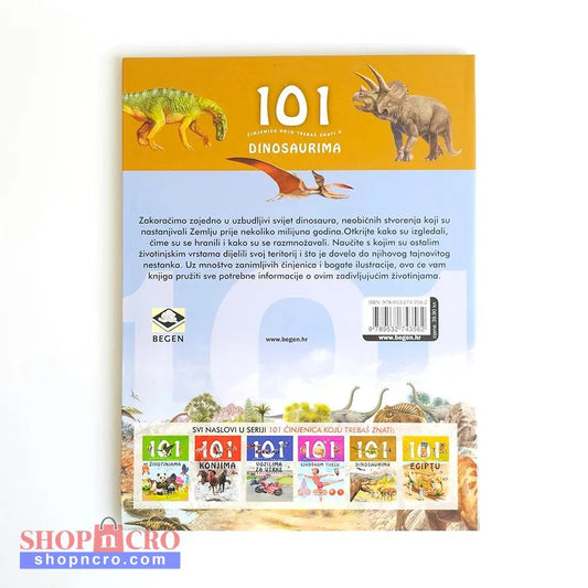 101 Činjenica Koju Treba da Znaš o Dinosaurima Book cover with dinosaur illustrations and text on a white background