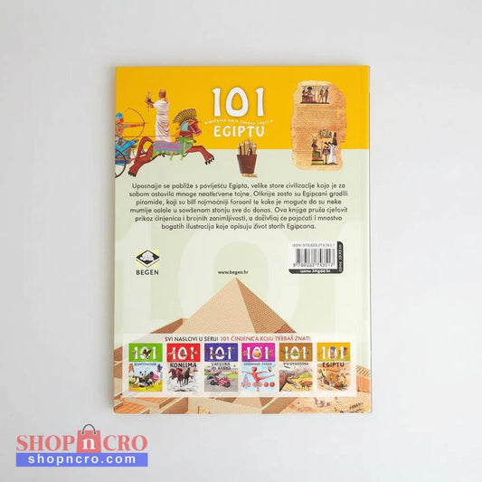 101 Činjenica Koju Treba da Znaš o Egiptu Book cover with illustrations of ancient Egypt and text on a yellow background