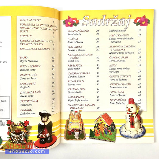 Naše Najljepše – Salate Open book with a yellow cover displaying text and images of decorative cakes.