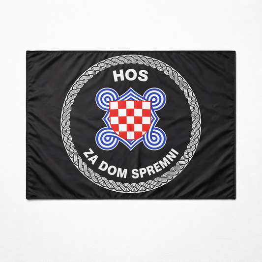 2 HOS Flag with Fringes 145 by 75 Flag with a central emblem and text on a black background