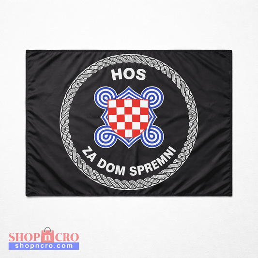 2 HOS Flag with Fringes 145 by 75 Flag with a central emblem and text on a black background