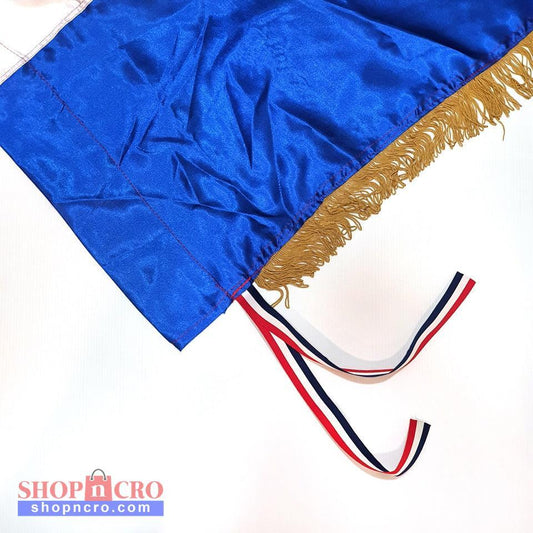 Official Croatian Silk Flag 200cm x 100cm Blue graduation gown with gold trim and a red, white, and blue tassel on a white background