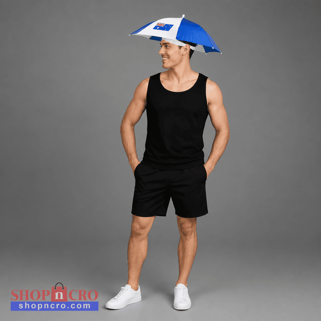 Australia Umbrella Hat Man wearing a black tank top and shorts with an umbrella on his head against a gray background