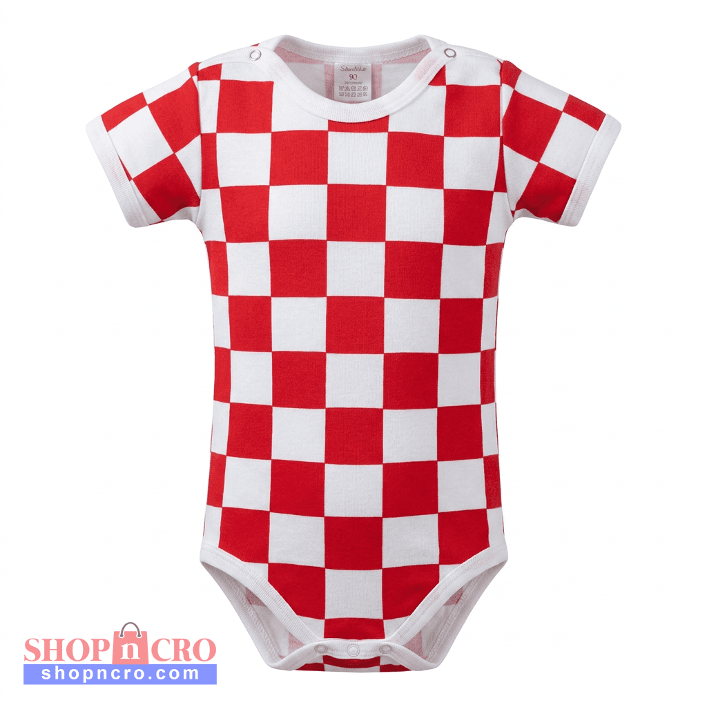 Baby Body Croatia Red and white checkered baby onesie on a white background