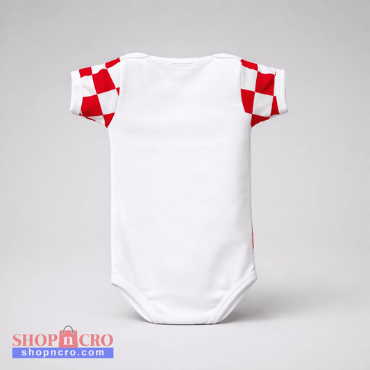 Baby Body Croatia White baby onesie with red and white checkered sleeves on a gray background