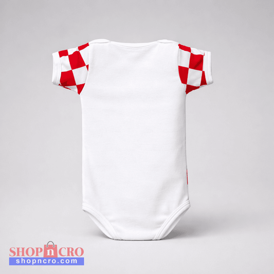 Baby Body Croatia White baby onesie with red and white checkered sleeves on a gray background