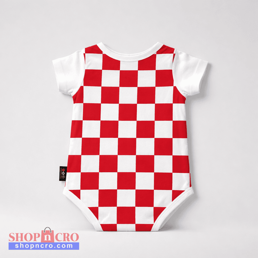 Baby Body Croatia white sleeve Red and white checkered baby romper on a light gray background