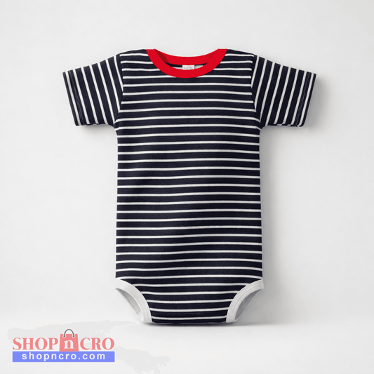 Baby Body Croatian Octopus Navy and white striped baby bodysuit with red interior on a light gray background