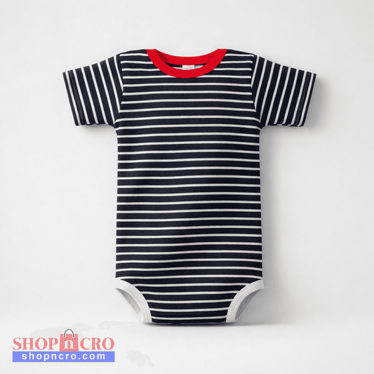 Baby Body Croatian Octopus Navy and white striped baby bodysuit with red interior on a light gray background