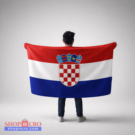 Backpack with Croatian Flag Person holding a large flag with a coat of arms on a gray background
