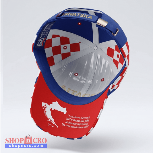 Red and blue cap with checkered pattern on a white background