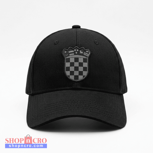 Black cap with a checkered emblem on a white background