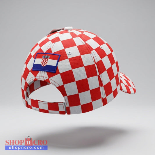 Red and white checkered cap with a Croatia flag patch on a gray background