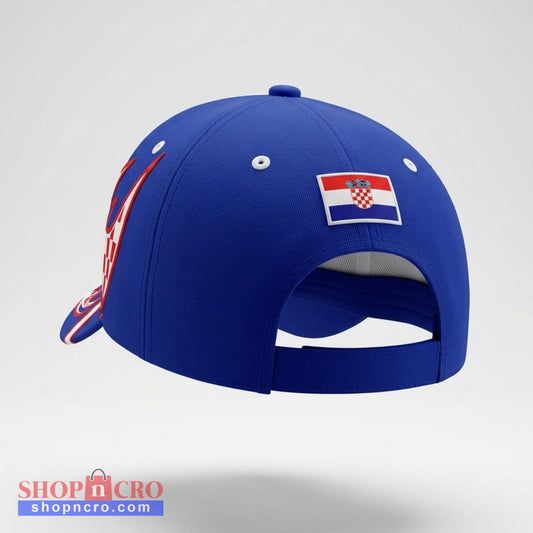 Blue cap with a flag patch on a light gray background