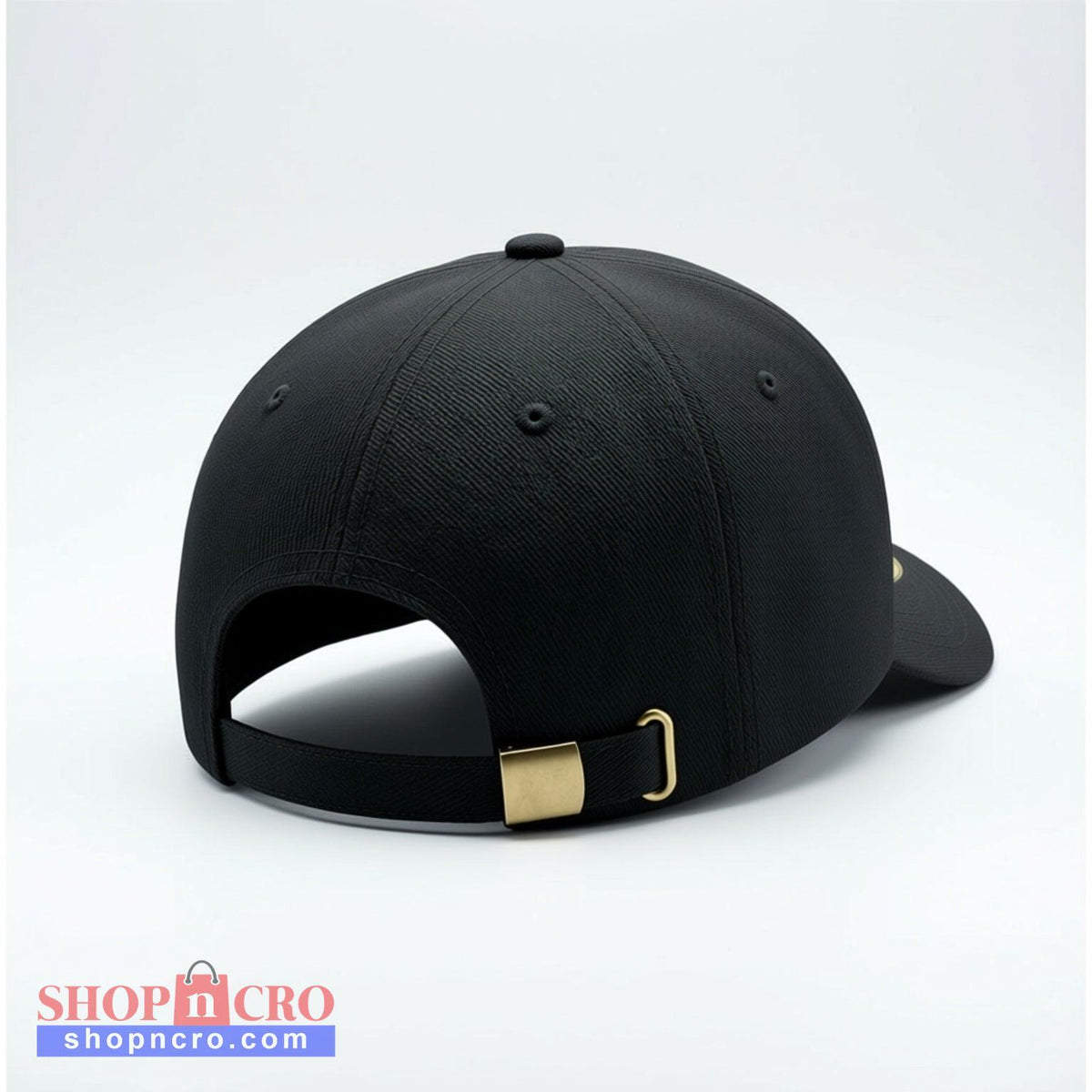 Black baseball cap with a gold buckle on a white background