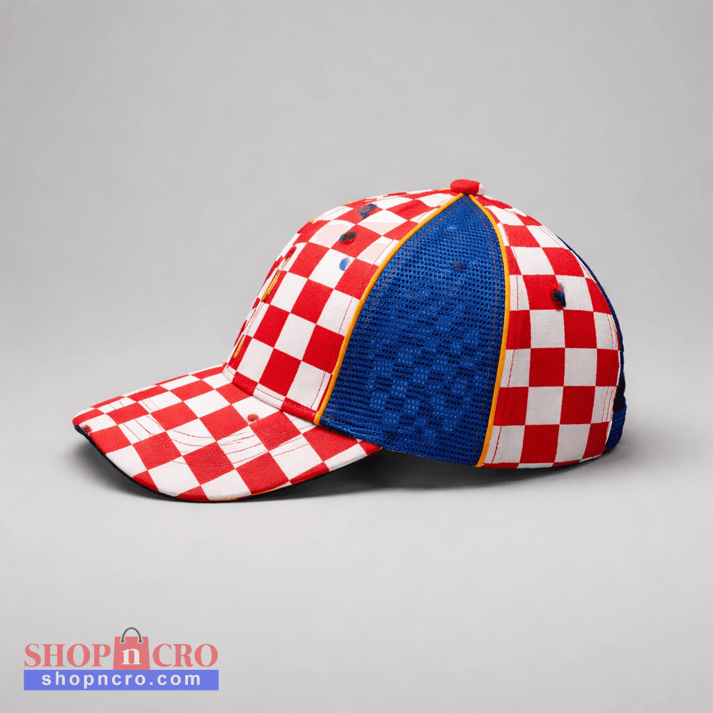 Red and white checkered cap with blue back on a gray background