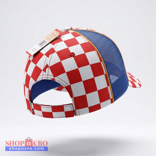 Red, white, and blue checkered cap on a light gray background