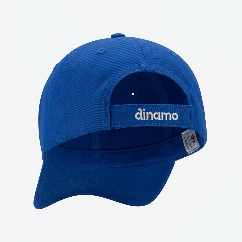 A royal blue baseball cap shown from the back, featuring a curved brim and a hook-and-loop strap closure with the brand name 'dinamo' embroidered in white. A small sewn-in size tag is visible on the side. Baseball Cap Dinamo Zagreb in Blue shopncro