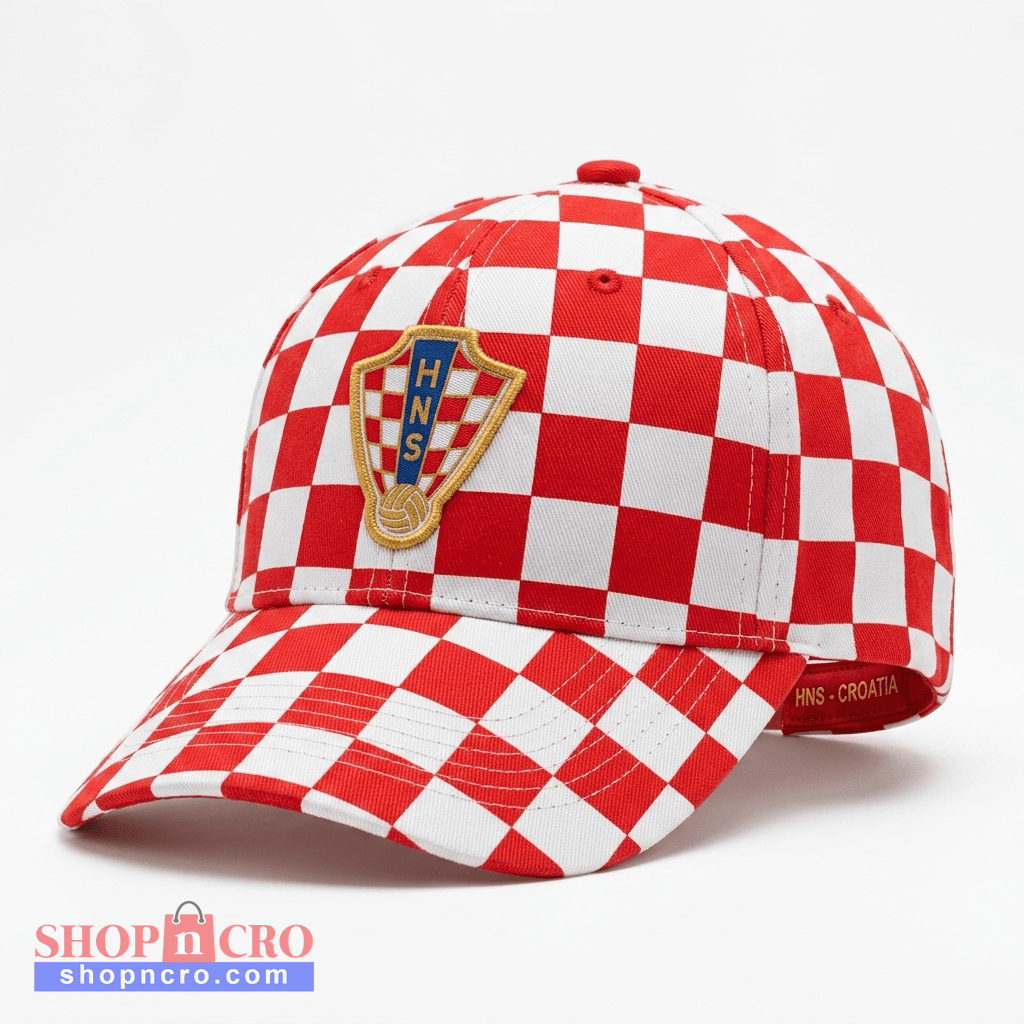 Red and white checkered cap with a logo on a light gray background