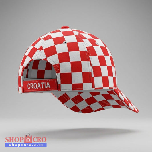 Red and white checkered cap with 'Croatia' text on a gray background