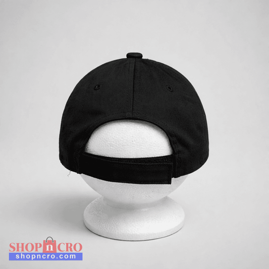 Baseball Cap HOS Za Dom Black cap on a white mannequin head against a light gray background