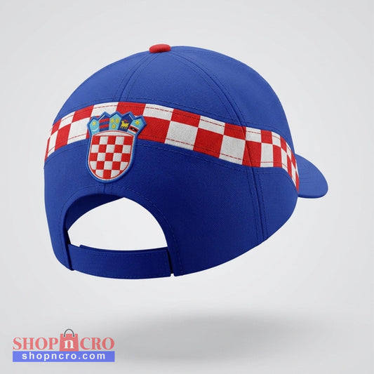 Blue cap with a red, white, and blue checkered band featuring a crest on a light gray background