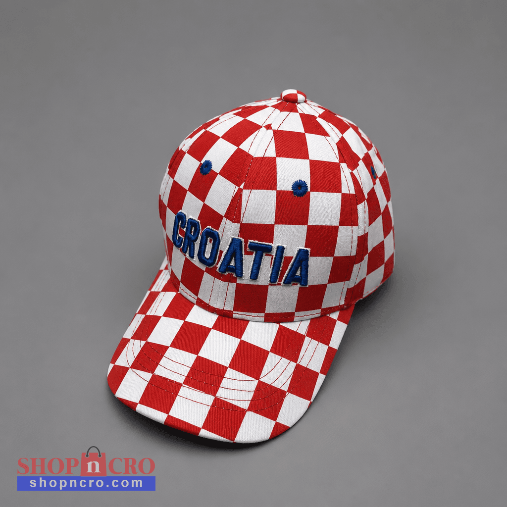 A red and white checkered baseball cap with 'CROATIA' embroidered in blue on the front, photographed on a neutral gray background. Baseball Cap Team Croatia 2 shopncro
