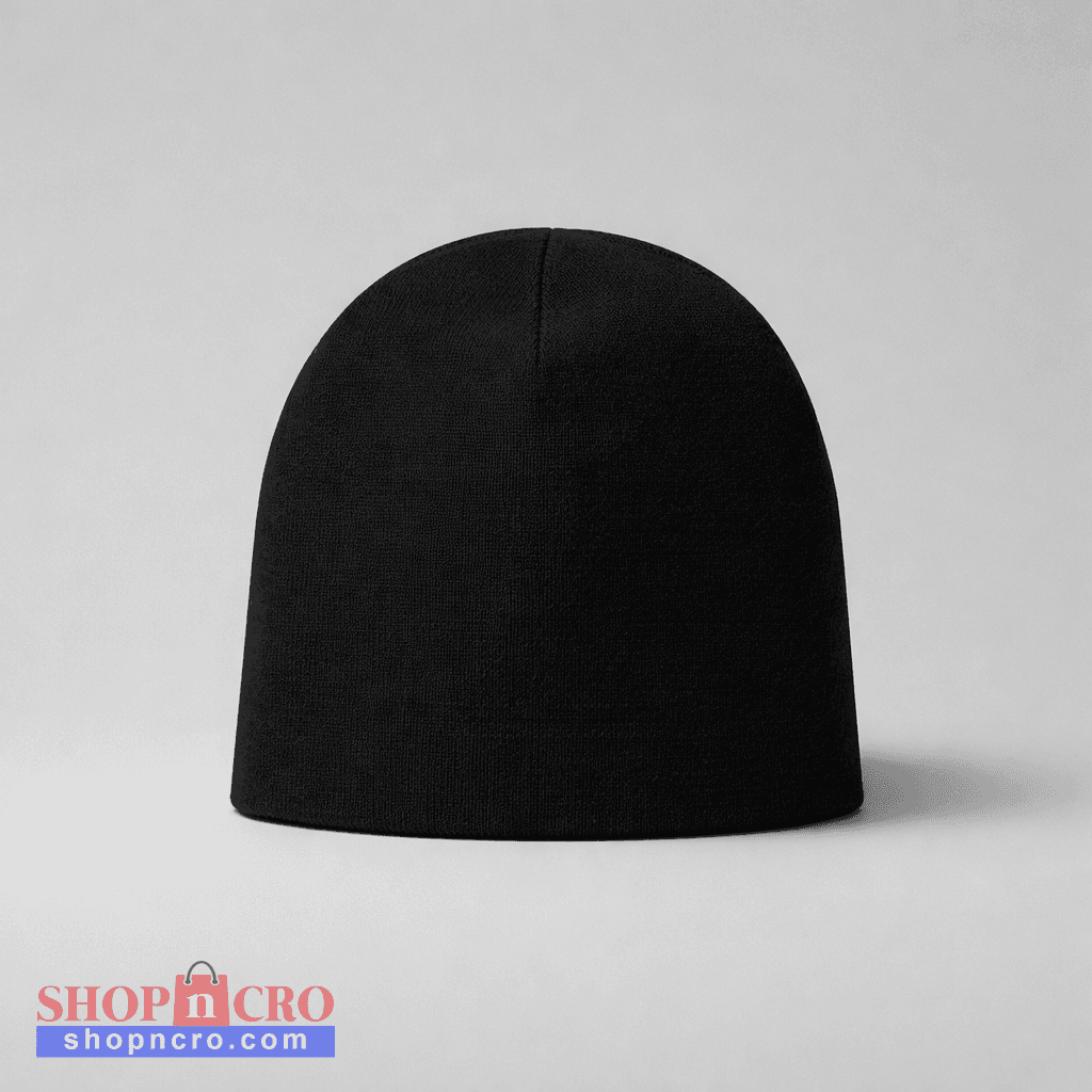 Black beanie on a light gray background