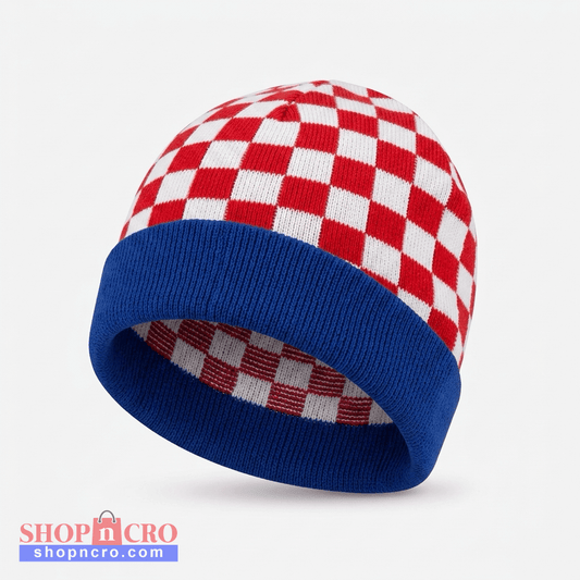 Beanie Croatia Checks Checkered beanie with red, white, and blue pattern on a light gray background