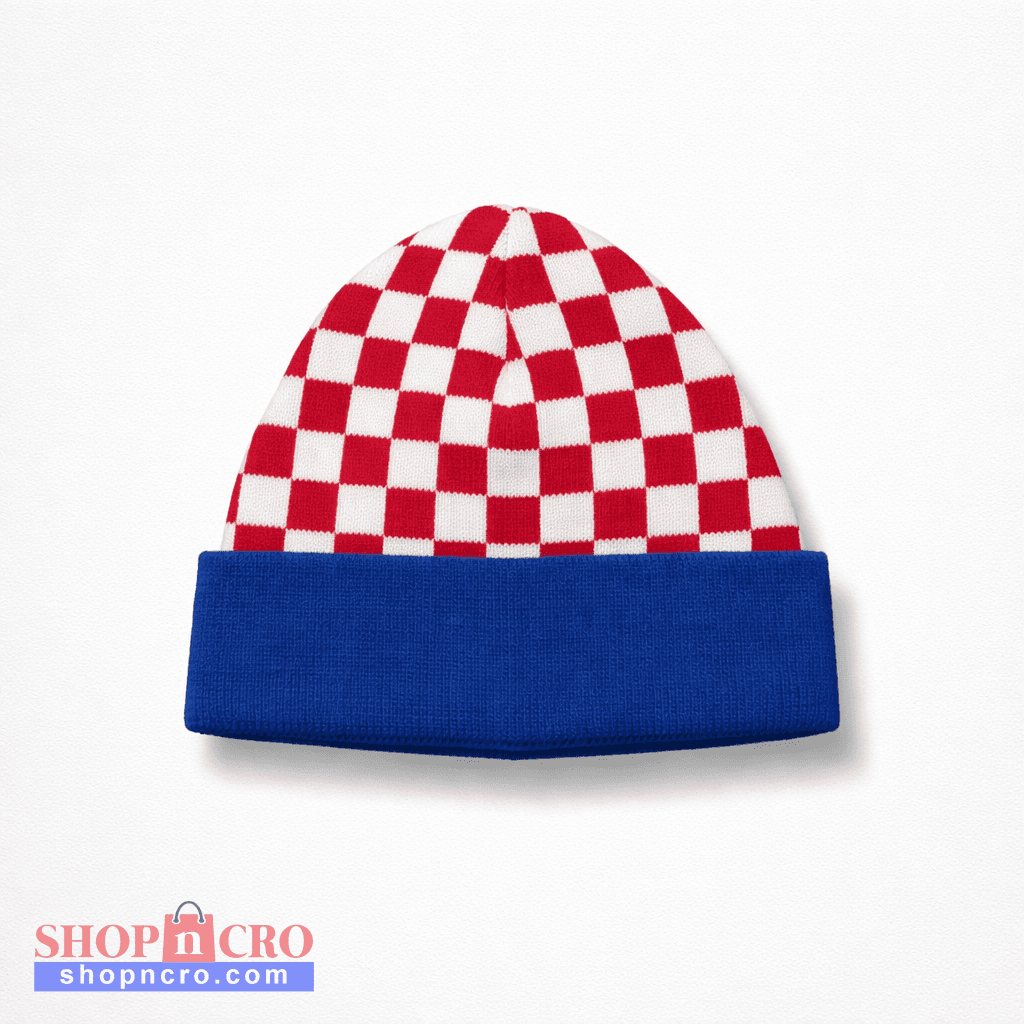 Beanie Croatia Checks Checkered beanie with red and white pattern on a blue band against a white background