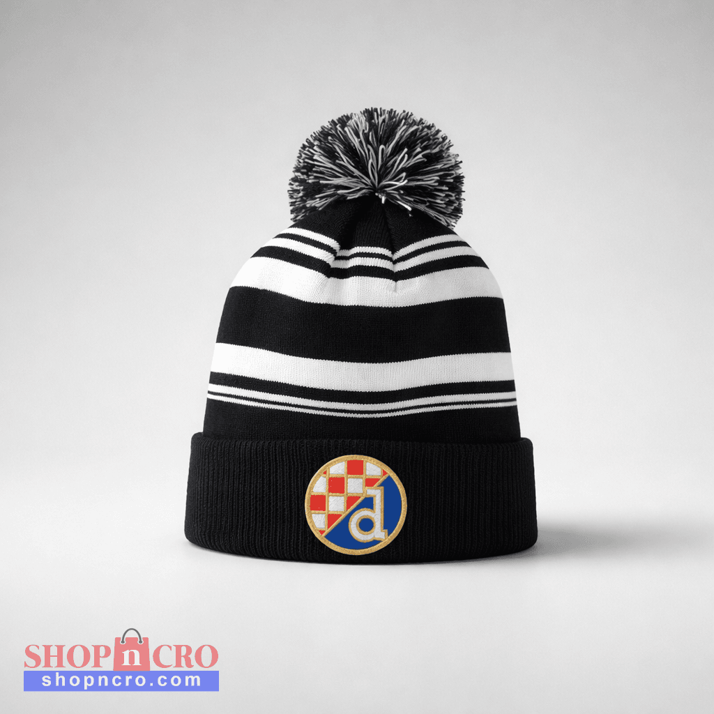 Beanie Dinamo Zagreb Pom Pom in Black Black and white striped beanie with a pom-pom on a light gray background