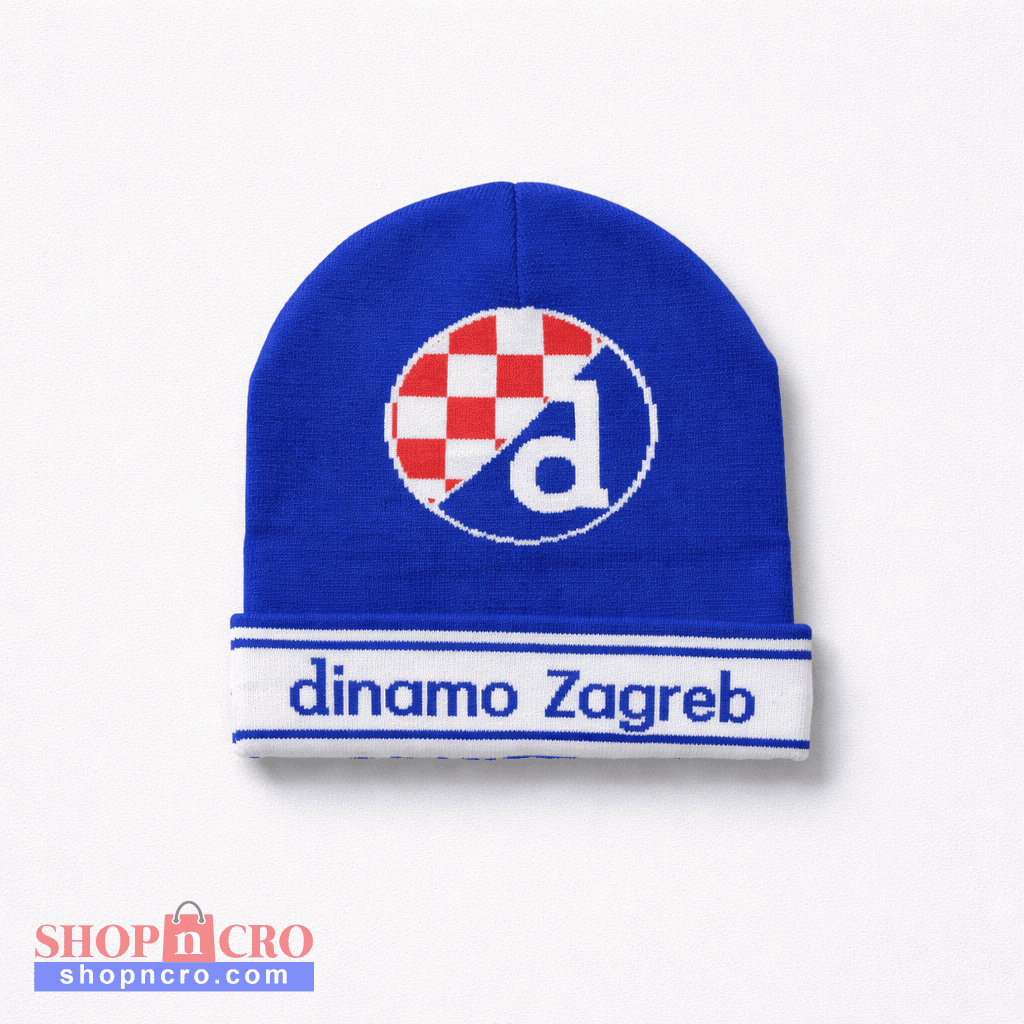 Beanie Dinamo Zagreb Retro in Blue and White Blue beanie with checkered logo and 'dinamo Zagreb' text on a white background