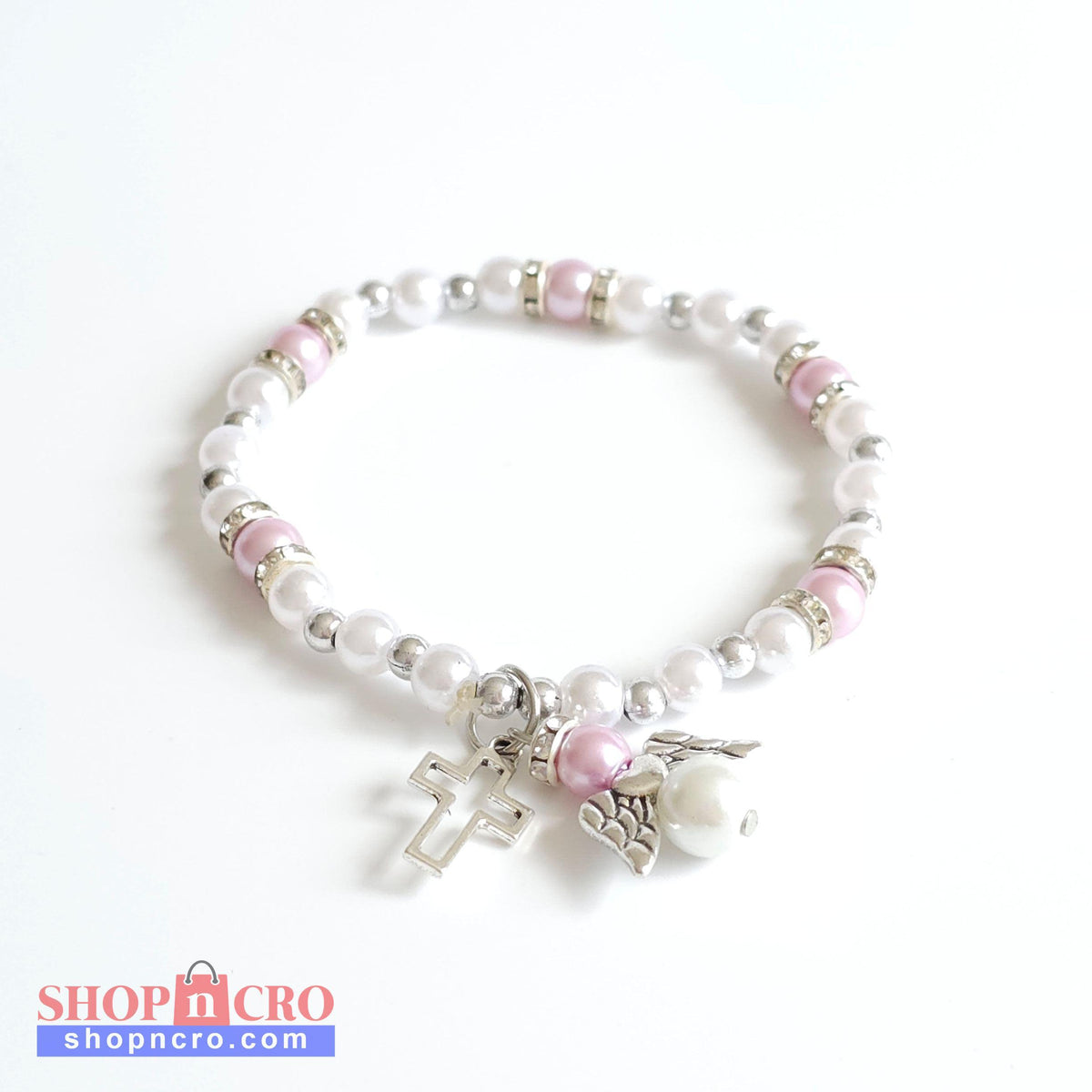 Bracelet Lilac & White Angel Cross Beaded bracelet with pink and white beads and a silver charm on a white background