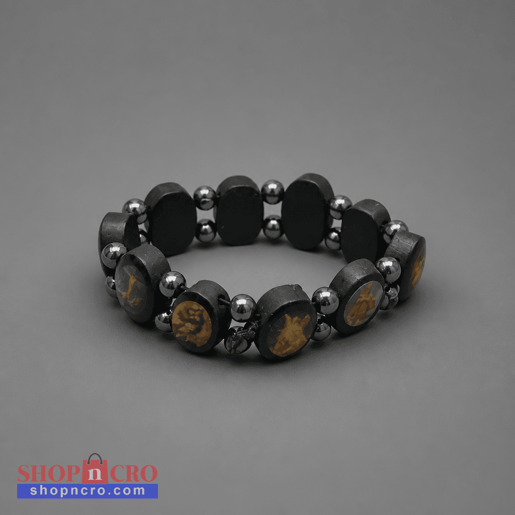 Bracelet Međugorje in Black Black beaded bracelet with silver accents on a gray background