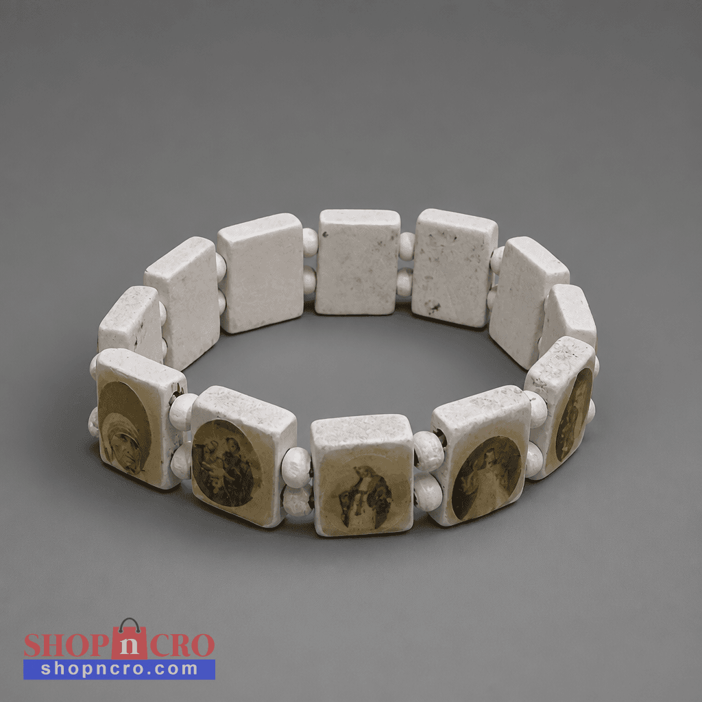Bracelet Međugorje in White/Gold Bracelet made of stone-like material with embedded images on a gray background