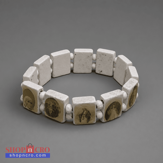 Bracelet Međugorje in White/Gold Bracelet made of stone-like material with embedded images on a gray background