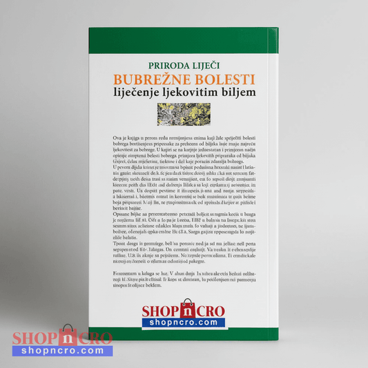 Bubrežne Bolesti – Liječenje Ljekovitim Biljem Book cover with text and a green and red logo on a white background