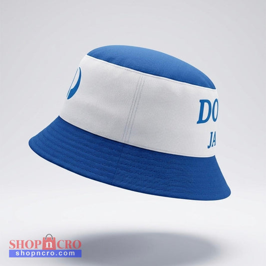 Blue and white bucket hat with 'Dover' branding on a light gray background