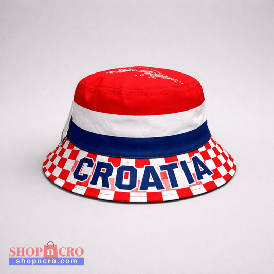 Bucket Hat Croatia Bucket hat with red, white, and blue design featuring the word 'CROATIA'.