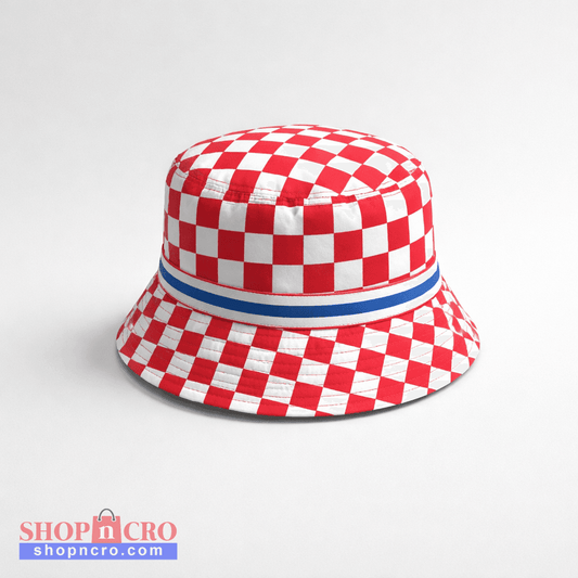 Bucket Hat Croatia Checks Red and white checkered bucket hat with a blue band on a light gray background