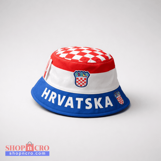 Bucket Hat Hrvatska Bucket hat with Croatian flag design and 'HRVATSKA' text on a white background