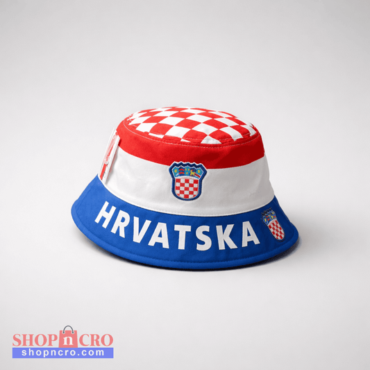 Bucket Hat Hrvatska Bucket hat with Croatian flag design and 'HRVATSKA' text on a white background