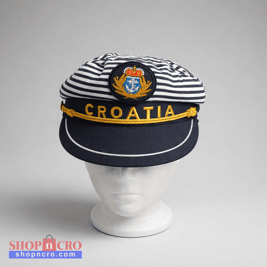 Captain Hat Croatia Dalmatinac Navy and white striped cap with 'Croatia' on a gray background