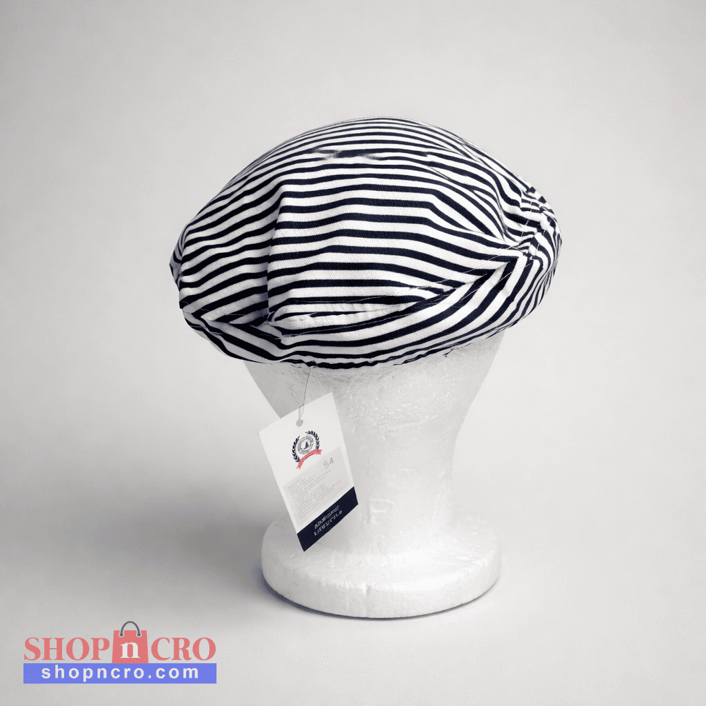 Captain Hat Croatia Dalmatinac Striped beret on a mannequin head with a tag against a gray background