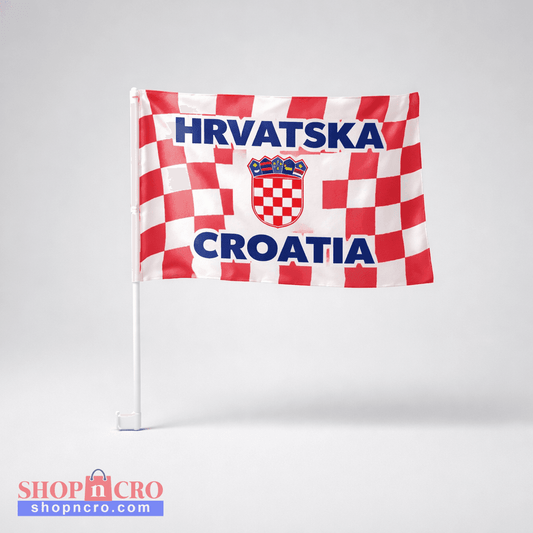 Car Window Flag Croatia - set of 2 Croatian flag with 'Hrvatska' and 'Croatia' text on a white background