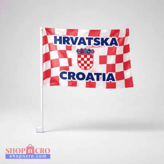 Car Window Flag Croatia - set of 2 Croatian flag with 'Hrvatska' and 'Croatia' text on a white background