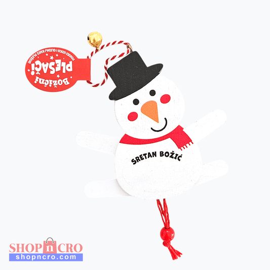 Christmas Ornament Sretan Božić With Moving Hands & Feet Decorative snowman ornament with a tag on a white background