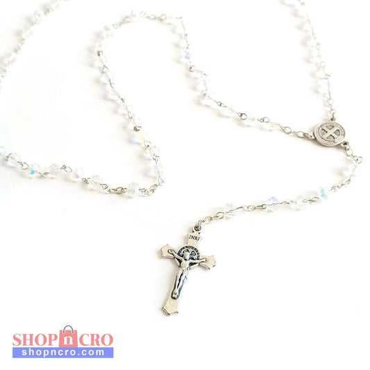 Clear Crystal Saint Benedict Rosary – Silver Crucifix & Medal Silver rosary with a cross pendant on a white background