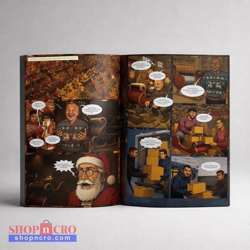 Comic Magazine HNS Vatreni Croatian Open book with illustrated pages featuring a character in a Santa Claus outfit and other scenes.